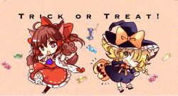 Rule 34 | 2girls, ahoge, animal ears, animal hands, ascot, basket, black dress, black headwear, blonde hair, bow, braid, brown eyes, brown hair, candy, detached sleeves, dress, fang, food, full body, gloves, hair between eyes, hair bow, hair tubes, hakurei reimu, halloween, hat, holding, holding basket, japanese clothes, kirisame marisa, long hair, multiple girls, nontraditional miko, open mouth, paw gloves, poprication, purple ascot, red bow, red skirt, ribbon-trimmed sleeves, ribbon trim, sidelocks, single braid, skin fang, skirt, tail, touhou, trick or treat, wide sleeves, witch hat, yellow eyes