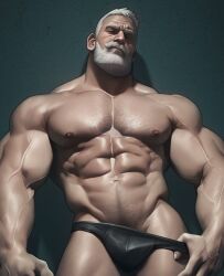 Rule 34 | 1boy, abs, bara, beard, black male underwear, briefs, bulge, come hither, facial hair, full beard, groin, hairy, hat, head tilt, large pectorals, leather underwear, legs together, looking at viewer, male focus, male pubic hair, male underwear, male underwear pull, mature male, muscular, muscular male, navel, navel hair, nipples, old, old man, original, paid reward available, peaked cap, pectorals, pubic hair, pulled by self, short hair, silverjow, solo, sparse arm hair, sparse chest hair, sparse leg hair, sparse navel hair, spotlight, stomach, strongman waist, thick beard, thick eyebrows, thick neck, thick thighs, thighs, topless male, ulric (silverjow), underwear, veins, veiny arms
