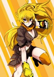 Rule 34 | 1girl, abs, blonde hair, breasts, cleavage, ember celica (rwby), highres, purple eyes, rwby, scarf, shorts, smile, solo, yang xiao long