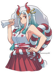 Rule 34 | 1girl, alternate costume, aosora2823, aqua hair, artist name, closed mouth, earrings, hair ornament, hair stick, highres, holding, holding sack, hoop earrings, horns, jewelry, long hair, multicolored hair, multicolored horns, one piece, oni, orange eyes, orange horns, ponytail, red horns, rope, sack, shimenawa, simple background, sleeveless, solo, twitter username, white background, white hair, yamato (one piece)