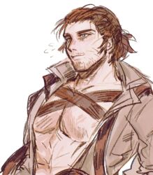 Rule 34 | 1boy, adventurer (ff14), bara, beard stubble, blush, brown theme, chest harness, facial hair, flying sweatdrops, hair slicked back, harness, highres, lno408, looking ahead, male focus, mature male, medium hair, mustache stubble, pectoral cleavage, pectorals, scar, scar across eye, sketch, solo, stubble, thick eyebrows, upper body, warrior of light (ff14)
