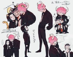 Rule 34 | 3boys, aged down, animal ears, black eyes, black hair, black suit, cigarette, earrings, formal, hair over eyes, highres, horns, jabra (one piece), jaguar boy, jewelry, long hair, male focus, multiple boys, necktie, nito nana, one piece, open clothes, pants, pink hair, ponytail, rob lucci, scar, scar across eye, scar on face, smile, suit, who&#039;s who (one piece), wolf boy