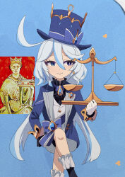 Rule 34 | 1girl, :3, ascot, black ascot, blue background, blue bow, blue brooch, blue eyes, blue hair, blue hat, bow, closed mouth, commentary request, cowlick, crossed legs, feet out of frame, flat chest, formal, fuka (kantoku), furina (genshin impact), genshin impact, gloves, gold, hair between eyes, hat, heterochromia, highres, jacket, king john of england, long bangs, long hair, long sleeves, looking to the side, matthew paris, mismatched pupils, multicolored hair, purple eyes, real life, reference inset, simple background, smile, solo, streaked hair, suit, top hat, very long hair, weighing scale, white gloves, white hair, white jacket