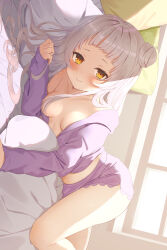 Rule 34 | 1girl, absurdres, blush, breasts, cleavage, grey hair, hair bun, hair over breasts, hair over one breast, highres, hololive, long hair, long sleeves, looking at viewer, lying, murasaki shion, on bed, on side, open clothes, open shirt, purple shirt, saki (saki paint), shirt, sideways, single hair bun, small breasts, smile, solo, virtual youtuber, yellow eyes