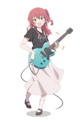 Rule 34 | 1girl, absurdres, black footwear, black shirt, bocchi the rock!, eitopondo, electric guitar, full body, gibson les paul, green eyes, guitar, hair between eyes, highres, holding, holding instrument, instrument, kita ikuyo, long hair, long skirt, music, one side up, open mouth, playing instrument, red hair, shirt, shoes, short sleeves, simple background, skirt, socks, solo, standing, standing on one leg, sweat, t-shirt, white background, white skirt, white socks