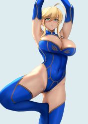 Rule 34 | 1girl, ahoge, armpits, arms up, artoria pendragon (fate), artoria pendragon (lancer) (fate), bare shoulders, blue gloves, blue leotard, blue thighhighs, blush, braid, breasts, cleavage, cleaver, closed mouth, covered navel, fate/grand order, fate (series), french braid, gloves, hair between eyes, heattech leotard, highleg, highleg leotard, highres, large breasts, leotard, long hair, looking at viewer, sidelocks, thighhighs, thighs, turtleneck, yamaneko (tkdrumsco)
