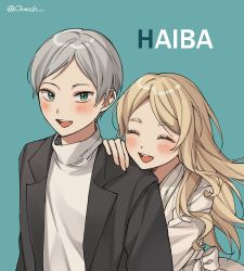 Rule 34 | 1boy, 1girl, :d, ^ ^, age difference, alternate costume, artist name, bad id, bad twitter id, black jacket, blonde hair, blush, brother and sister, character name, closed eyes, clunch, green eyes, grey hair, haiba arisa, haiba lev, haikyuu!!, happy, hug, hug from behind, jacket, long hair, long sleeves, looking at viewer, open clothes, open jacket, open mouth, short hair, siblings, simple background, smile, standing, suit jacket, sweater, turtleneck, turtleneck sweater, upper body, white sweater