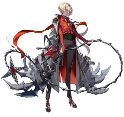 Rule 34 | 1girl, black pants, blonde hair, blue eyes, breasts, coat, coat on shoulders, crossdressing, destiny child, holding, holding weapon, iphis (destiny child), loose necktie, necktie, pants, red shirt, shirt, short hair, small breasts, tagme, transparent background, unbuttoned, weapon
