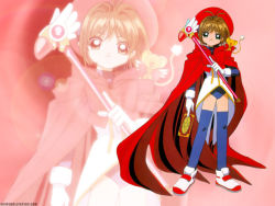 Rule 34 | 1990s (style), 1girl, bow, cape, card, cardcaptor sakura, child, fuuin no tsue, gloves, green eyes, hat, kero (cardcaptor sakura), kinomoto sakura, leotard, retro artstyle, shoes, short hair, solo, thighhighs, wallpaper