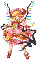 Rule 34 | 1girl, adapted costume, apron, back bow, blonde hair, bow, breasts, brooch, collared shirt, corset, cross-laced clothes, cross-laced corset, flandre scarlet, frilled apron, frilled shirt collar, frilled skirt, frilled sleeves, frilled socks, frills, full body, green brooch, hair between eyes, hat, head tilt, holding, holding polearm, holding weapon, jewelry, laevatein (touhou), looking at viewer, medium hair, mob cap, multicolored wings, petticoat, pink apron, pink bow, polearm, puffy short sleeves, puffy sleeves, red eyes, red footwear, red ribbon, red skirt, ribbon, ribbon-trimmed headwear, ribbon trim, shirt, shoelaces, short sleeves, simple background, skirt, small breasts, socks, solo, touhou, user ewsh4383, waist apron, weapon, white background, white hat, white shirt, white socks, wings, wrist cuffs