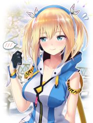 Rule 34 | 1girl, alternate hairstyle, artist request, black gloves, blonde hair, blue eyes, blue hairband, blush, breasts, closed mouth, eyes visible through hair, fang, flying sweatdrops, gloves, hair between eyes, twirling hair, hairband, half gloves, headset, highres, hood, hooded jacket, jacket, long hair, medium breasts, mirai akari, mirai akari project, multicolored clothes, multicolored jacket, narrow waist, second-party source, sideways glance, skin fang, sleeveless, sleeveless jacket, smile, solo, spoken blush, twintails, twintails day, two-tone jacket, upper body, virtual youtuber, virtual youtuber shiten&#039;nou, white jacket, zipper