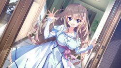 Rule 34 | 1girl, 9-nine-, blue dress, blue eyes, blush, breasts, brown hair, cleavage, dress, eyebrows hidden by hair, eyelashes, frilled dress, frills, hair between eyes, hair ornament, highres, house, jewelry, kujou miyako, large breasts, long hair, looking at viewer, necklace, open door, open mouth, pink ribbon, ribbon, sidelocks, smile, solo, sparkle, sunlight, upper body, very long hair, waving, wavy hair, woori (jtfy3485)