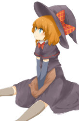 Rule 34 | 1girl, apron, black hat, black skirt, black vest, blue eyes, blush, bow, bowtie, bright pupils, brown apron, brown hair, checkered bow, checkered bowtie, checkered clothes, closed mouth, commentary request, cookie (touhou), elbow gloves, expressionless, feet out of frame, gloves, grey gloves, grey thighhighs, hat, highres, kirisame marisa, looking afar, meguru (cookie), orange bow, orange bowtie, red bow, red bowtie, short hair, simple background, sitting, skirt, solo, thighhighs, touhou, vest, waist apron, white background, white pupils, witch hat, yumekamaborosh