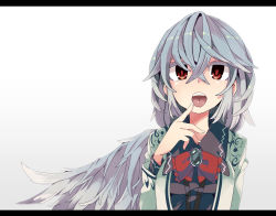 Rule 34 | 1girl, :o, aoi kujira, border, brooch, colored eyelashes, eyelashes, finger to mouth, gradient background, hair between eyes, jewelry, kishin sagume, legacy of lunatic kingdom, letterboxed, looking at viewer, open mouth, red eyes, red pupils, silver hair, single wing, solo, tongue, tongue out, touhou, wings