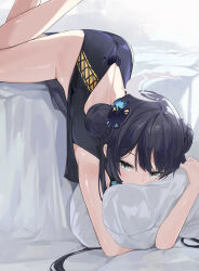 Rule 34 | 1girl, ass, back cutout, bare legs, bed sheet, black dress, black hair, blue archive, butterfly hair ornament, china dress, chinese clothes, clothing cutout, covered mouth, dema hmw, double bun, dress, feet out of frame, grey eyes, hair bun, hair ornament, highres, kisaki (blue archive), long hair, looking at viewer, lying, hugging object, on stomach, pillow, pillow hug, side slit, solo, thighs, twintails, upside-down