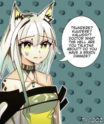 Rule 34 | 1girl, animal ear fluff, animal ears, arknights, artist name, bare shoulders, breasts, cat ears, detached collar, dotted background, dress, english text, engrish text, frown, green dress, green eyes, green hair, highres, jewelry, kal&#039;tsit (arknights), looking at viewer, material growth, medium breasts, medium hair, necklace, off-shoulder dress, off shoulder, oripathy lesion (arknights), ranguage, simple background, solo, sweatdrop, tyco0z, upper body, worried