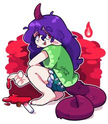 Rule 34 | 1girl, absurdres, barefoot, blood, clothes writing, green shirt, green shorts, highres, horns, long hair, maletoh, maletoh1, open mouth, pointy ears, purple hair, red eyes, red horns, shirt, short sleeves, shorts, simple background, single horn, solo, tail, tenkajin chiyari, touhou, unfinished dream of all living ghost, white background