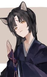 Rule 34 | 1girl, animal ears, arknights, black hair, black kimono, blunt bangs, brown background, dog ears, facial mark, forehead mark, hand up, head tilt, highres, japanese clothes, kimono, lch, long hair, long sleeves, looking at viewer, orange eyes, parted bangs, parted lips, saga (arknights), solo, two-tone background, upper body, white background, wide sleeves