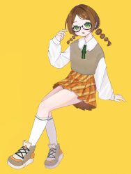 Rule 34 | 1girl, arm support, blush, brown hair, collared shirt, full body, glasses, green eyes, hair ornament, hair tie, hairclip, hand up, highres, invisible chair, long hair, long sleeves, looking at viewer, low twintails, multi-tied hair, neck ribbon, open mouth, original, plaid, plaid skirt, pleated skirt, ribbon, shirt, shoes, sitting, skirt, sneakers, socks, solo, sweater vest, twintails, yusa popo