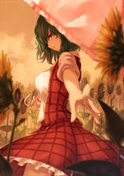 Rule 34 | 1girl, blurry, breasts, cloud, collared shirt, depth of field, female focus, fingernails, flower, foreshortening, green hair, ibuki notsu, kazami yuuka, large breasts, lips, looking at viewer, looking to the side, nail polish, open clothes, open vest, pink nails, plaid, plaid skirt, plaid vest, pointing, pointing at viewer, pov, red eyes, sepia, shirt, short hair, short sleeves, skirt, skirt set, smile, solo, sunflower, sunlight, touhou, umbrella, vest, wind