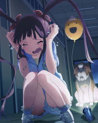 Rule 34 | &gt; &lt;, 10s, 1girl, :d, balloon, brown hair, dog, closed eyes, idolmaster, idolmaster million live!, inumi, jpeg artifacts, matsuda arisa, official art, open mouth, scared, smile, tears, triangular headpiece, twintails, wavy mouth