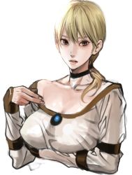 Rule 34 | 1girl, blonde hair, blouse, breasts, brooch, brown eyes, capcom, choker, demento, fiona belli, grey eyes, inkey, jewelry, large breasts, lowres, ponytail, shirt, solo