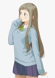 Rule 34 | 1girl, blue skirt, blue sweater, blush, bow, bowtie, breasts, brown eyes, brown hair, collared shirt, commentary request, cowboy shot, green bow, green bowtie, hand up, kawai makoto, long hair, looking afar, medium breasts, original, pleated skirt, purple skirt, shirt, signature, simple background, skirt, sleeves past wrists, solo, standing, sweater, white background, white shirt, wing collar