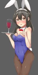 Rule 34 | 1girl, animal ears, black hair, black pantyhose, bow, bowtie, breasts, brown eyes, cowboy shot, cup, detached collar, drinking glass, embarrassed, fake animal ears, hair ornament, hairclip, highres, kantai collection, leotard, looking at viewer, medium breasts, oyashio (kancolle), pantyhose, parted lips, playboy bunny, purple leotard, rabbit ears, rabbit tail, red bow, red bowtie, solo, standing, strapless, strapless leotard, tail, tray, wasumi kei, wine glass