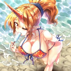 Rule 34 | 1girl, absurdres, alternate costume, alternate hairstyle, ass, barefoot, beach, bikini, blonde hair, blue scrunchie, breasts, cleavage, collarbone, eating, fingernails, food, food in mouth, from above, hair ornament, hair scrunchie, halterneck, highres, horns, hoshiguma yuugi, large breasts, leaf print, looking at viewer, nail polish, one eye closed, pointy ears, ponytail, popsicle, red bikini, red eyes, red nails, scrunchie, shiny clothes, shiny skin, shore, side-tie bikini bottom, sidelocks, single horn, solo, standing, standing on one leg, string bikini, sunnysideup, swimsuit, thigh gap, thighs, toenail polish, toenails, toned, touhou, walking, water