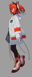 Rule 34 | 1girl, a.i. voice, adachi rei, arms at sides, belt, belt pouch, black pantyhose, cable, closed mouth, commentary request, expressionless, from side, full body, gloves, grey skirt, hair ribbon, headlamp, headphones, highres, jacket, long sleeves, looking ahead, one side up, orange belt, orange eyes, orange hair, pantyhose, pleated skirt, pouch, profile, radio antenna, ribbon, shoes, simple background, skirt, sneakers, solo, toyogaippai, turtleneck, utau, white gloves, white jacket, white ribbon