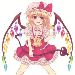 Rule 34 | 1girl, ascot, blonde hair, collared shirt, crystal, fang, feet out of frame, flandre scarlet, frilled ascot, frilled shirt collar, frilled skirt, frilled sleeves, frilled vest, frills, hat, head tilt, highres, holding, holding polearm, holding weapon, imamiyajet, laevatein (tail), looking at viewer, medium hair, mob cap, multicolored wings, open mouth, polearm, puffy short sleeves, puffy sleeves, red eyes, red skirt, red vest, shirt, short sleeves, skirt, skirt set, solo, tail, teeth, touhou, upper teeth only, vest, weapon, white background, white hat, white shirt, wings, yellow ascot