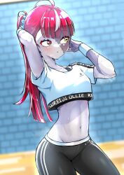 Rule 34 | 1girl, absurdres, ahoge, armpits, arms up, blurry, blurry background, blush, brick wall, colored skin, commentary, crop top, cuffs, dutch angle, english commentary, exercising, grey skin, hair ornament, hair scrunchie, hand in own hair, heterochromia, highres, hololive, hololive dance practice uniform, hololive indonesia, kghazir, kureiji ollie, looking to the side, multicolored hair, multicolored skin, navel, official alternate costume, pants, patchwork skin, ponytail, scrunchie, shirt, solo, steam, steaming body, stitched arm, stitched face, stitched torso, stitches, stomach, sweat, symbol-shaped pupils, t-shirt, two-tone hair, two-tone skin, virtual youtuber, wrist cuffs, x-shaped pupils, zombie