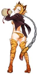 Rule 34 | 1girl, aira kanae, akatsuki akira, alcohol, animal ears, animal print, ass, blush, boots, breasts, cat ears, chain, green eyes, highres, jacket, juuni taisen, looking at viewer, looking back, midriff, official art, orange hair, panties, simple background, small breasts, solo, thigh boots, thighhighs, tiger print, underwear, white background