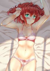 Rule 34 | 10s, 1girl, armpits, arms up, blush, bow, bow bra, bow panties, bra, breasts, cameltoe, collarbone, green eyes, kurosawa ruby, lace, lace-trimmed bra, lace trim, looking at viewer, love live!, love live! sunshine!!, lying, navel, on back, panties, pink bra, pink panties, red hair, short hair, small breasts, solo, stomach, two side up, underwear, underwear only, xephonia
