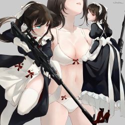 Rule 34 | 1girl, alternate costume, artist name, blush, bow, bow panties, bra, breasts, brown hair, chowbie, clothes lift, cowboy shot, enmaided, from behind, gloves, gluteal fold, grey background, gun, heterochromia, high heels, long hair, looking at viewer, maid, maid headdress, medium breasts, multiple views, navel, open mouth, original, panties, rifle, skirt, skirt lift, solo focus, thighhighs, thighs, underwear, underwear only, weapon, weapon request, white gloves, white thighhighs