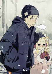 Rule 34 | 1boy, 1girl, absurdres, beanie, beatrice (re:zero), black coat, black hair, black headwear, blonde hair, blush, breath, butterfly-shaped pupils, can, closed mouth, coat, cold, commentary request, drill hair, eyelashes, hand in pocket, hands up, hat, highres, holding, holding can, huge filesize, iwamushi, long sleeves, mittens, natsuki subaru, parted lips, re:zero kara hajimeru isekai seikatsu, short eyebrows, short hair, symbol-shaped pupils, twin drills
