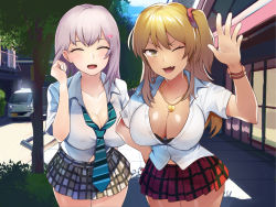 Rule 34 | 2girls, adjusting hair, bitch gal no oshiego ni shiborareru!!, blonde hair, blush, bra, bracelet, breasts, car, cleavage, closed eyes, cloud, collared shirt, cowboy shot, day, diagonal-striped neckwear, fang, gyaru, hair between eyes, hair over shoulder, hand on own hip, hand up, highres, jewelry, large breasts, legs, legs together, light blush, long hair, looking at viewer, motor vehicle, multiple girls, necklace, necktie, one eye closed, open mouth, original, outdoors, pleated skirt, purple hair, road, school uniform, shirt, side ponytail, skirt, sky, smile, standing, street, striped neckwear, thighs, tree, unbuttoned, underwear, waving, white shirt, wink, xenoms, yellow eyes
