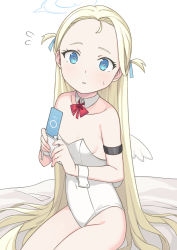 Rule 34 | 1girl, armlet, bare shoulders, blonde hair, blue archive, blue eyes, blush, bow, bowtie, breasts, bright pupils, cellphone, collarbone, commentary, covered navel, cowboy shot, detached collar, flying sweatdrops, forehead, halo, highres, holding, holding phone, leotard, long hair, looking at viewer, parted bangs, phone, saiste, simple background, sitting, small breasts, solo, sora (blue archive), two side up, very long hair, white background, white leotard, white pupils, wings, wrist cuffs