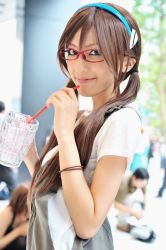 Rule 34 | 1girl, blue eyes, brown hair, chamaro, cosplay, cosplay photo, drink, drinking, drinking straw, glasses, hairband, long hair, looking at viewer, low twintails, makinami mari illustrious, neon genesis evangelion, photo (medium), red-framed eyewear, smile, solo focus, twintails, upper body
