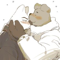 Rule 34 | 2boys, artist request, bara, blush, couple, dog boy, face-to-face, from side, gloves, hand on another&#039;s cheek, hand on another&#039;s face, happy, male focus, multiple boys, original, profile, snowing, solid circle eyes, upper body, yaoi