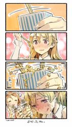 Rule 34 | 10s, 2girls, 4koma, :q, bare shoulders, blonde hair, blush, braid, brown hair, chopsticks, comic, detached sleeves, french braid, headdress, heart, heart-shaped pupils, kantai collection, littorio (kancolle), long hair, long sleeves, multiple girls, nattou, necktie, nonco, nose blush, ponytail, smile, sparkle, sweatdrop, symbol-shaped pupils, tongue, tongue out, translated, wavy hair, zara (kancolle)