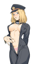 Rule 34 | 1girl, arm behind back, black eyes, blonde hair, blush, bodysuit, boku no hero academia, catsuit, cowboy shot, dyun, hat, heart, heart tattoo, highres, long sleeves, looking at viewer, medium hair, navel, open bodysuit, open clothes, parted lips, plunging neckline, police hat, pubic tattoo, simple background, smile, solo, spread navel, standing, tattoo, utsushimi kemii, white background, wide-eyed