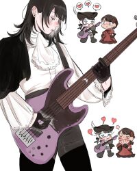 2girls bang_dream! bang_dream!_it&#039;s_mygo!!!!! bass_guitar black_boots black_capelet black_gloves black_hair black_hat blue_eyes blush boots brown_hair capelet closed_eyes dress fender_precision_bass gloves grey_pants hand_fan hat heart highres holding holding_fan instrument lipstick_mark lipstick_mark_on_face long_sleeves mask masquerade_mask milfcookiesimp mole mole_under_eye multiple_girls music pants paper_fan playing_bass_guitar playing_instrument purple_eyes red_dress shiina_taki shirt simple_background spoken_heart thigh_boots white_background white_mask white_shirt yahata_umiri yuri