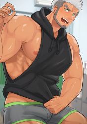 Rule 34 | 1boy, bara, beard, biceps, blurry, blurry background, blush, building, bulge, buzz cut, ear piercing, earrings, facial hair, green eyes, grey hair, harada (basashi), jacket, jewelry, male focus, male underwear, manly, muscular, muscular male, nipples, no pants, open mouth, original, pectorals, piercing, short hair, shorts, sidepec, solo, sweat, thick arms, thick eyebrows, tusks, underwear, veins, very short hair, white hair