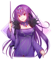 Rule 34 | 1girl, black ribbon, breasts, cleavage, closed mouth, dress, fate/grand order, fate (series), hair between eyes, hair ribbon, holding, holding wand, long hair, long sleeves, looking at viewer, medium breasts, purple dress, purple hair, red eyes, ribbon, satsu oekaki, scathach (fate), scathach skadi (fate), smile, solo, standing, very long hair, wand, white background