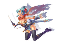 Rule 34 | 1girl, black sash, black thighhighs, blue hair, blue kimono, breasts, cleavage, closed mouth, commentary request, dated commentary, drop shadow, flower, folded ponytail, full body, hair flower, hair ornament, holding, holding sword, holding weapon, japanese clothes, jpeg artifacts, jumping, katana, kawagoe pochi, kimono, large breasts, looking afar, ninja (ragnarok online), ragnarok online, red flower, red scarf, sandals, sash, scarf, short hair, simple background, smile, solo, sword, thighhighs, torn clothes, torn scarf, vambraces, weapon, white background, zouri