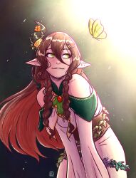 Rule 34 | 1girl, 2024, bare shoulders, bell mimieux, braid, brown corset, brown hair, bug, butterfly, commentary, corset, dress, faelie fallwood, green eyes, hair between eyes, hair ornament, highres, horn flower, horns, insect, leaf, light particles, light rays, long sleeves, looking at object, low twin braids, nexas (vtuber), pointy ears, sidelocks, signature, single horn, solo, symbol-only commentary, twin braids, virtual youtuber, white dress