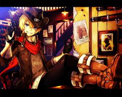 Rule 34 | 1boy, billy the kid (fate), blonde hair, boots, cowboy, cowboy hat, cowboy western, crossed legs, eyebrows hidden by hair, fate/grand order, fate (series), grin, gun, handgun, hat, highres, holding, holding weapon, jacket, looking at viewer, male focus, money gesture, mutsuki (ama245), red scarf, revolver, rifle, scarf, sitting, smile, tavern, wanted, weapon, western