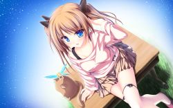 Rule 34 | 1girl, animal, arm support, bare shoulders, belt, blue eyes, blush, brown hair, brown skirt, cat, chocola, desk, dutch angle, fairy, female focus, from above, grass, hair ornament, hand in own hair, highres, hisagihara yui, long hair, looking at viewer, miniskirt, open mouth, pink shirt, pleated skirt, shirt, sitting, skirt, sky, solo, star (sky), straight hair, suzukaze no melt, tenmaso, thighhighs, twintails, whirlpool, white thighhighs, wings, zettai ryouiki