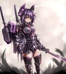 Rule 34 | 10s, 1girl, alternate costume, armor, backpack, bag, black thighhighs, bodysuit, cannon, eyepatch, glowing, hair ornament, kantai collection, mecha, metal gloves, robot, solo, sumapan, sword, tenryuu (kancolle), thighhighs, weapon